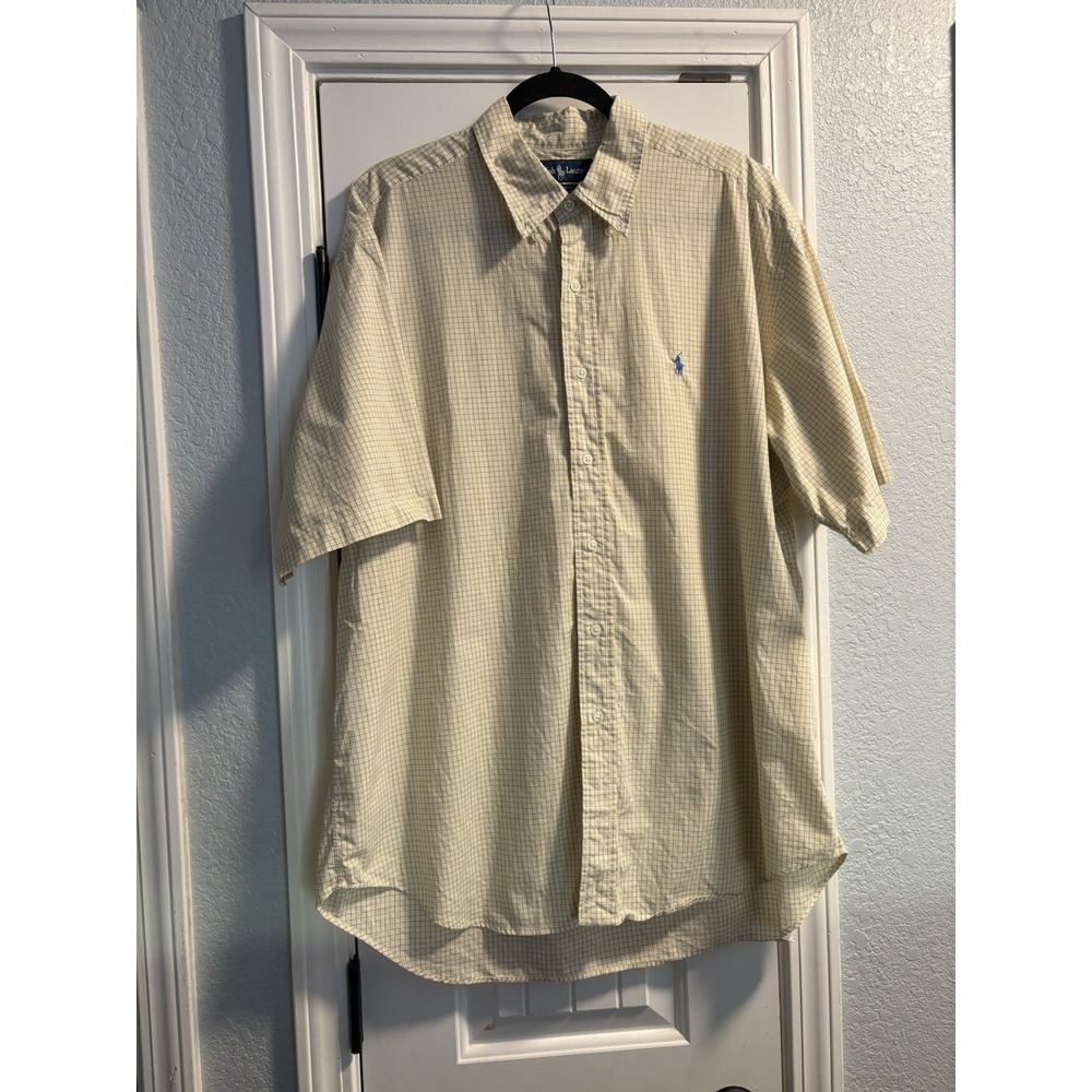 Ralph Lauren Button Down Shirt Mens XL Yellow Check Excellent Blake Short Sleeve